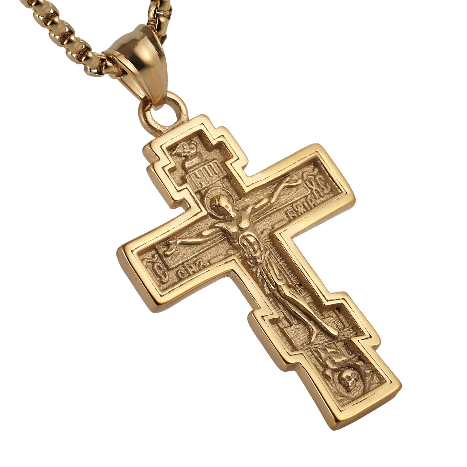 Vintage Stainless Steel Cross Pendant Necklace, Silver Gold Black Color Options, 22+2 Inches Chain