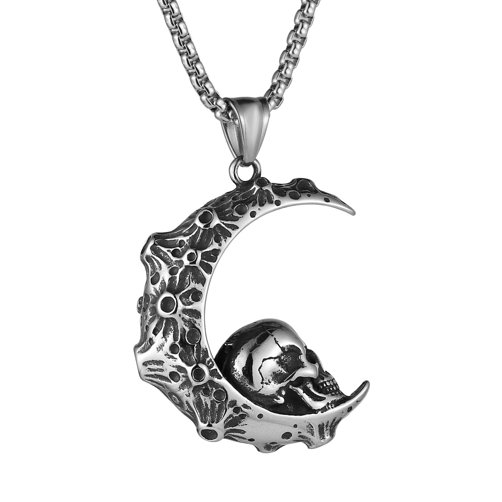 HZMAN Gothic Retro Moon Crescent Skull Stainless Steel Pendant Necklace