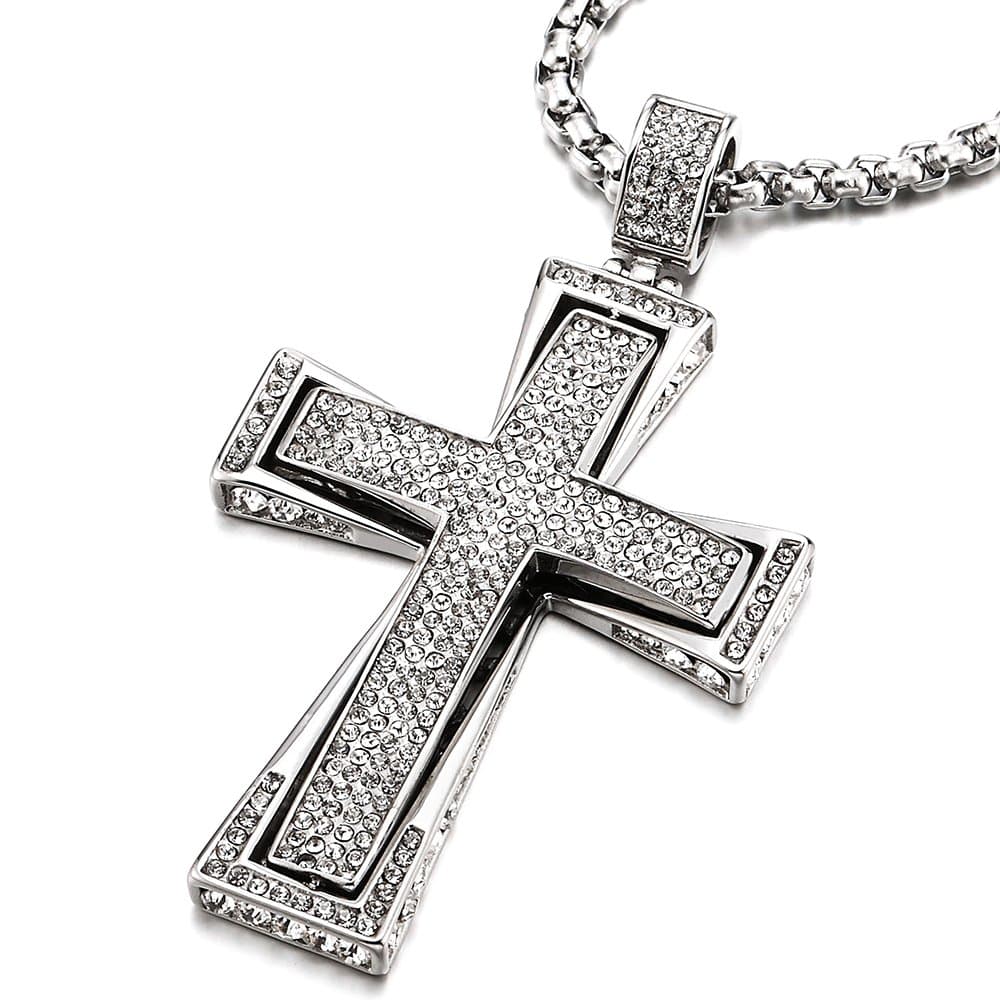 COOLSTEELANDBEYOND Mens & Womens Large Steel Cross Pendant Necklace with Cubic Zirconia