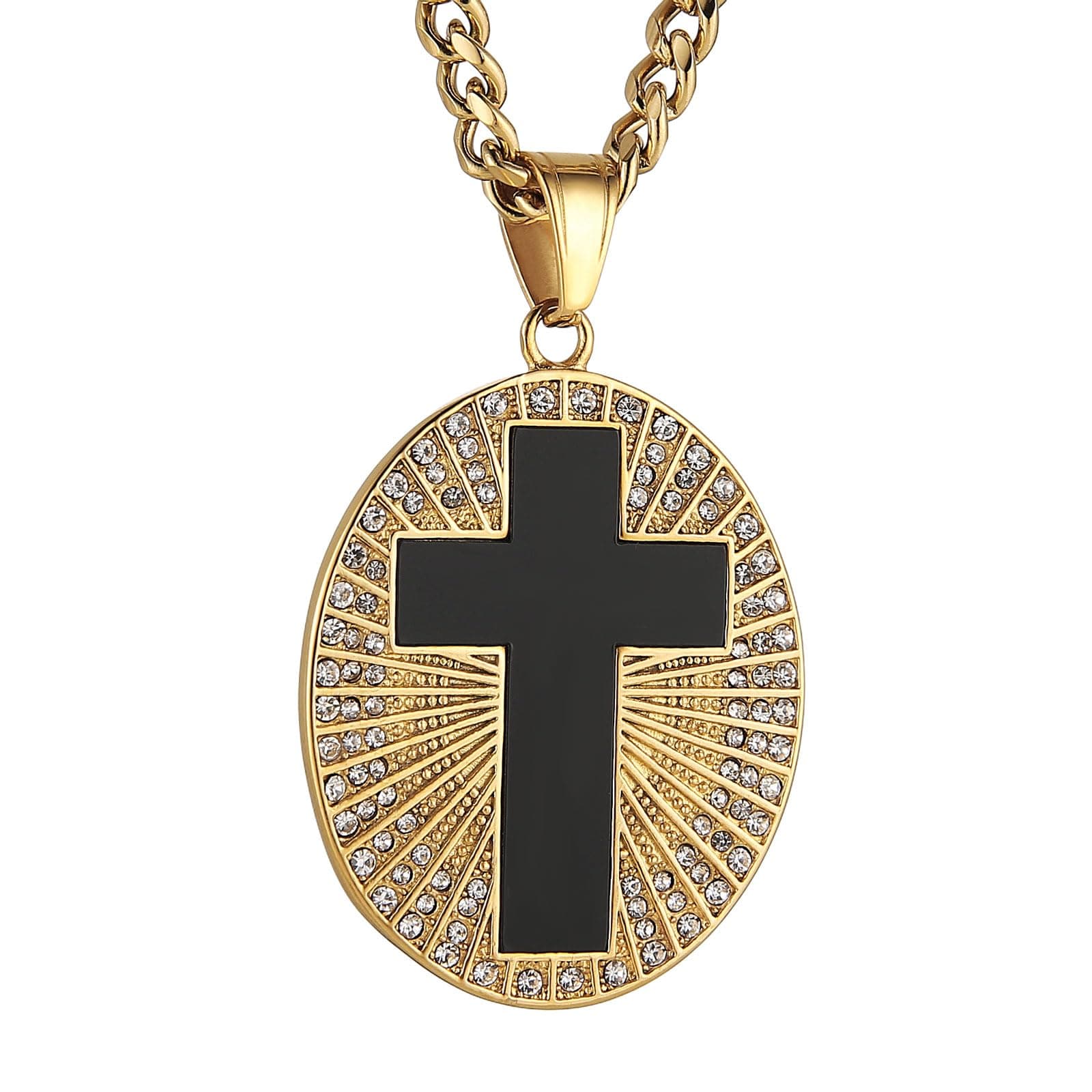 HZMAN Men's Stainless Steel Gold Cross Necklace Black Medal Pendant