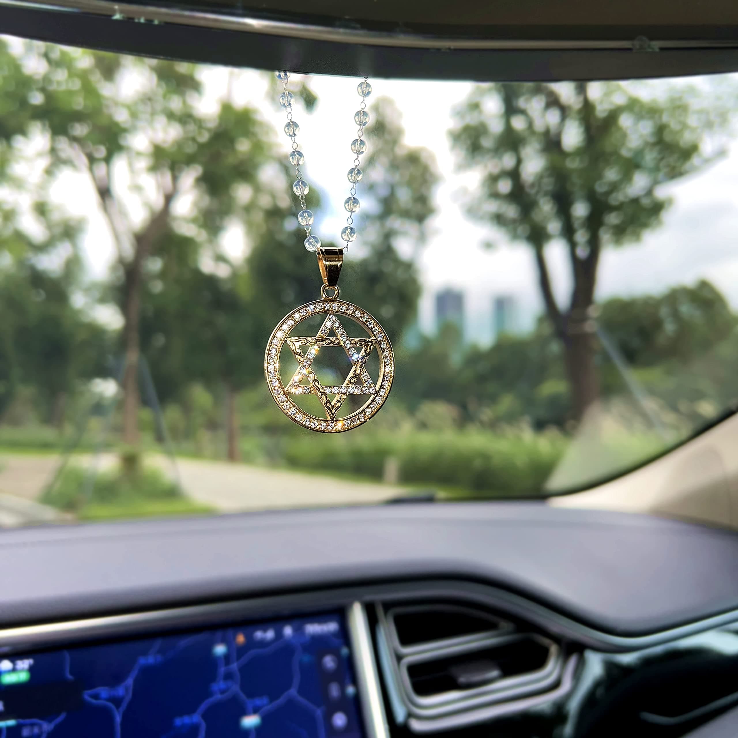 GiveMOJO Bling Golden Star of David Rhinestone Pendant for Car Interior Rearview Mirror