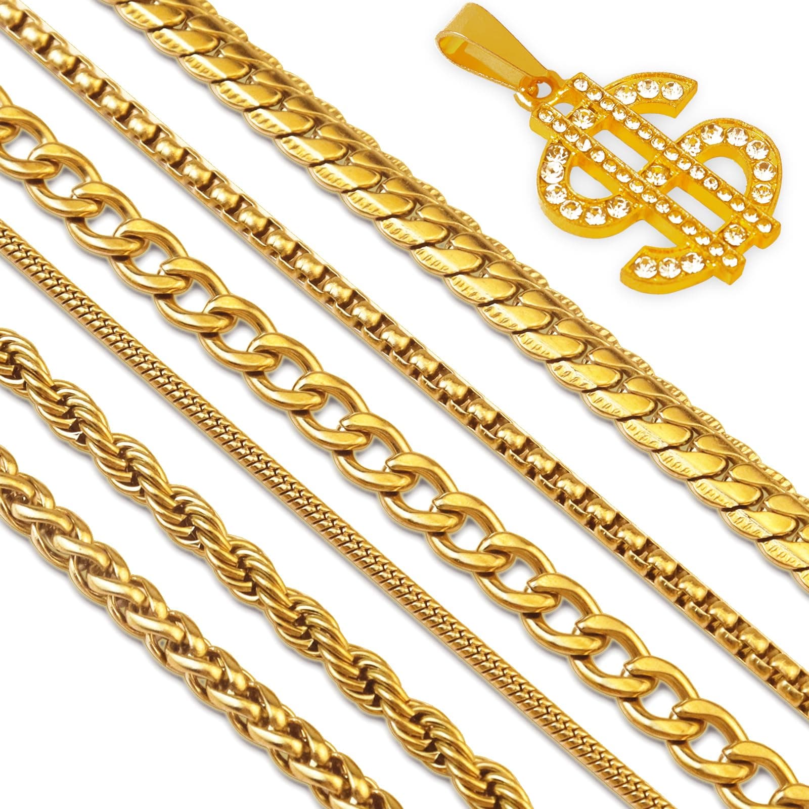 7 Pcs Stainless Steel Necklace Chain Kit with Dollar Pendant - Gold/Silver Plated Men Boys Women