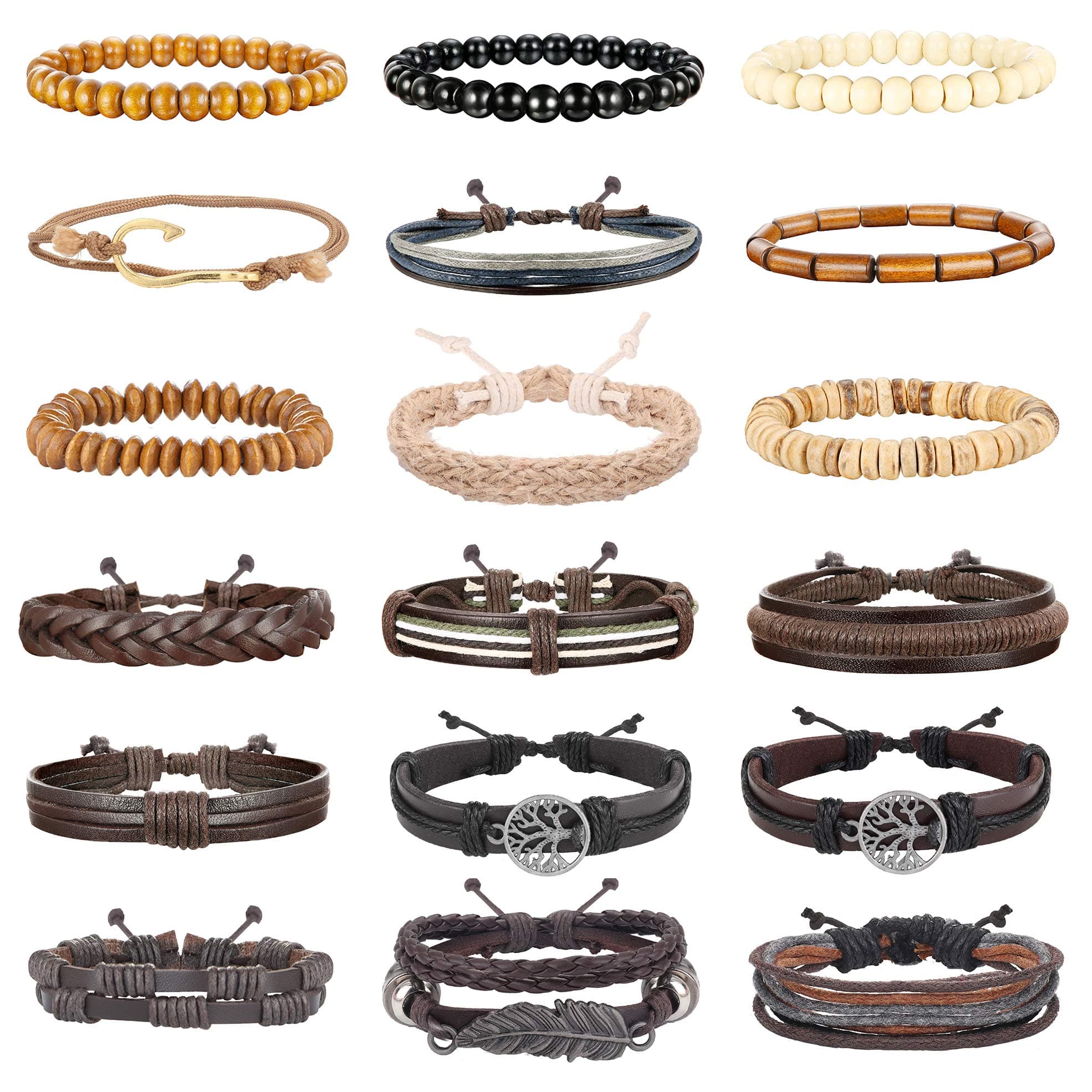 18pcs Braided Leather Cuff Bracelets Wood Beads Adjustable Ethnic Tribal Bracers HANPABUM