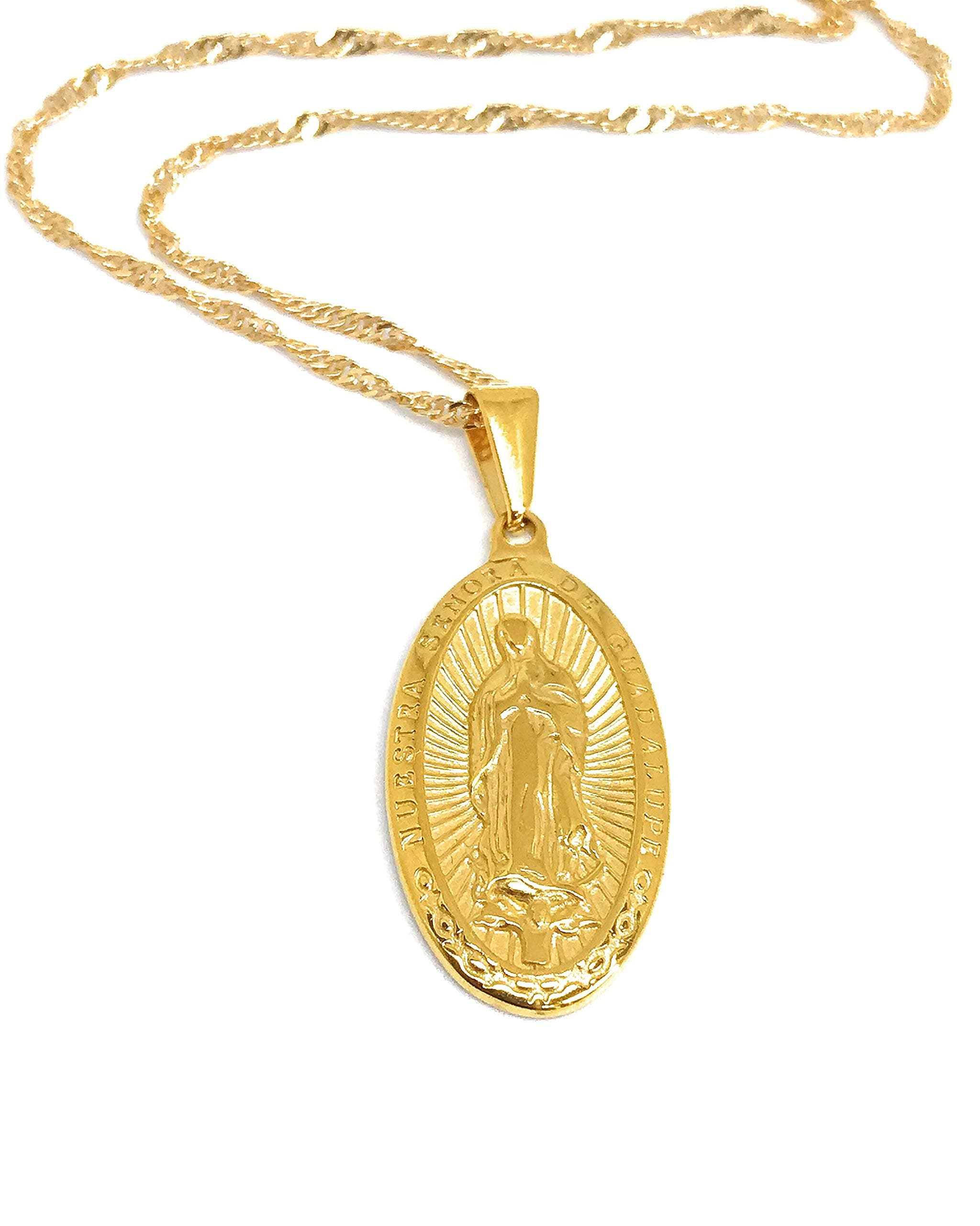 Leslie Boules 18K Gold Plated Guadalupe Medal Virgin Mary Necklace 18 Inches