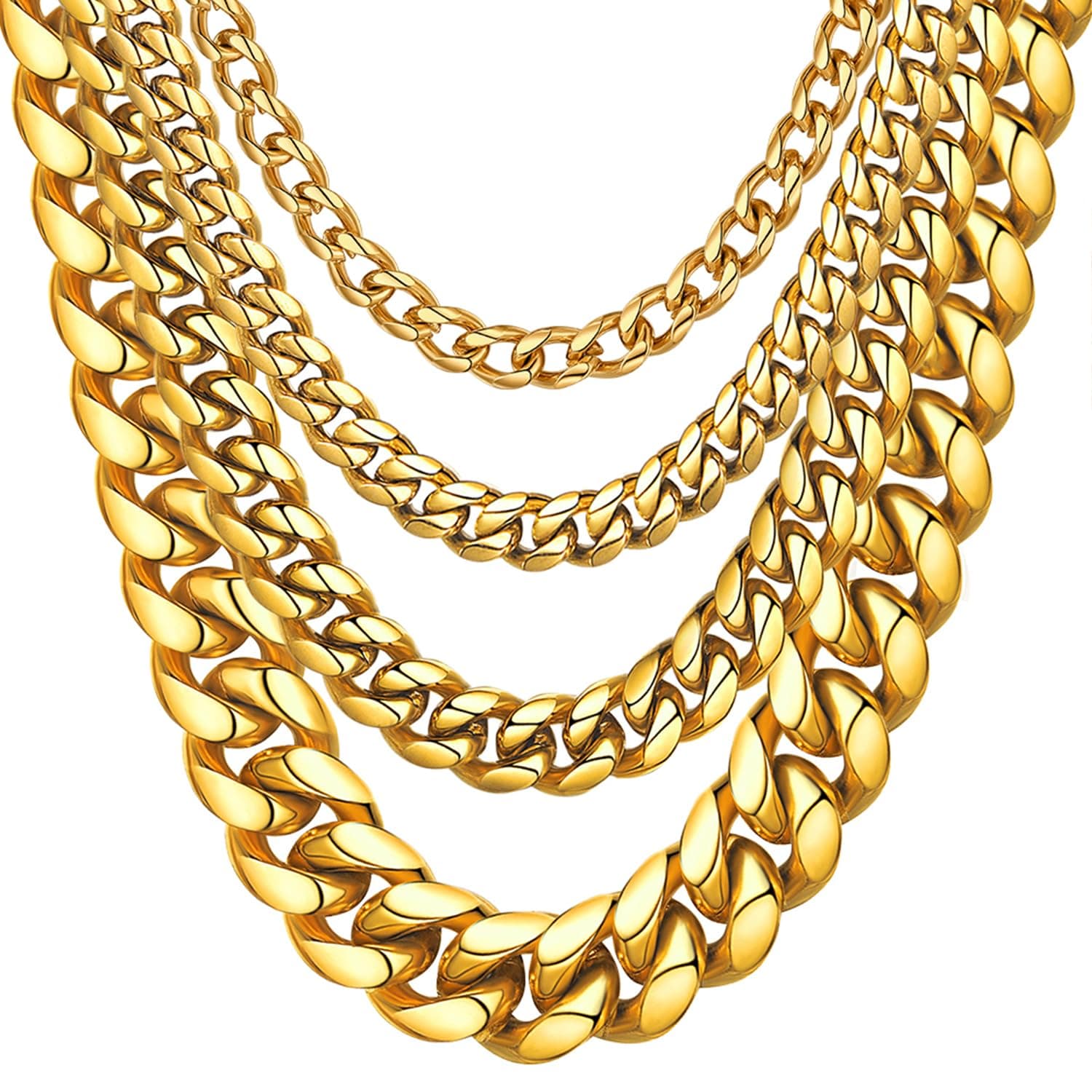 ChainsHouse Miami Cuban Link Chain Necklace for Men, 14K Gold Plated/SS/Black, 14"-30" Length