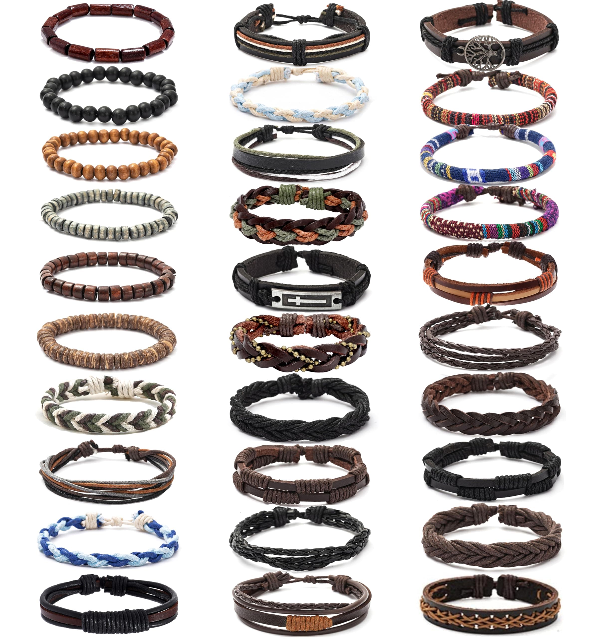 MONAZEO Woven Cuff Bracelets for Men & Women with Wood Beads & Hemp Cords Set