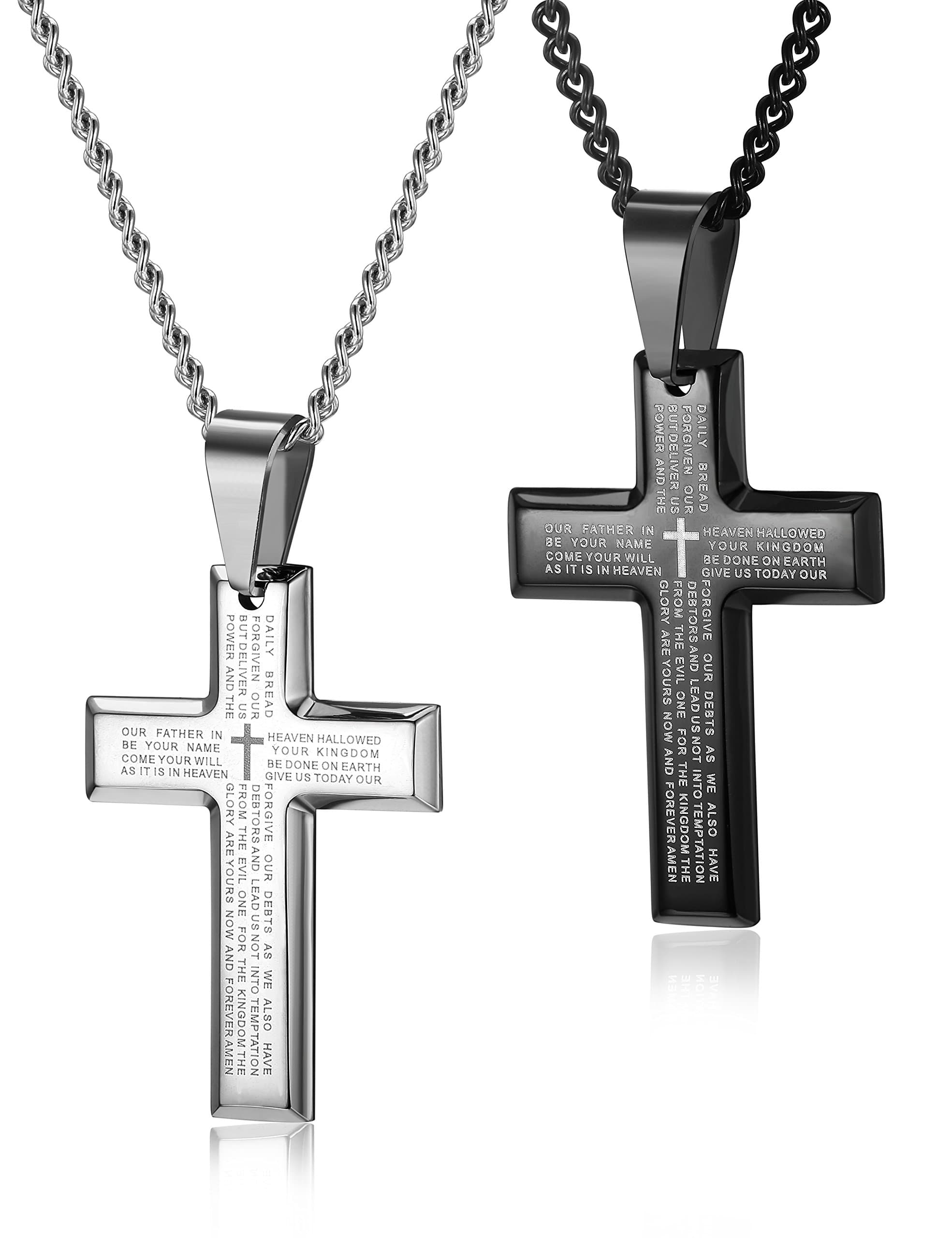 LOYALLOOK 2pcs Men's Stainless Steel Silver Tone Cross Pendant Necklace 24"