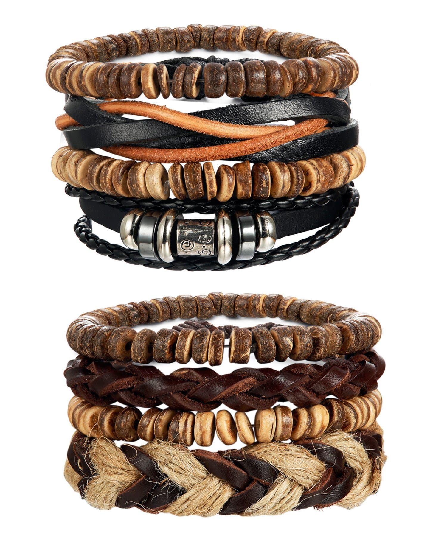 LOYALLOOK 8-34PCs Men's Leather Wrap Cuff Bracelets with Hemp Cords & Wood Beads