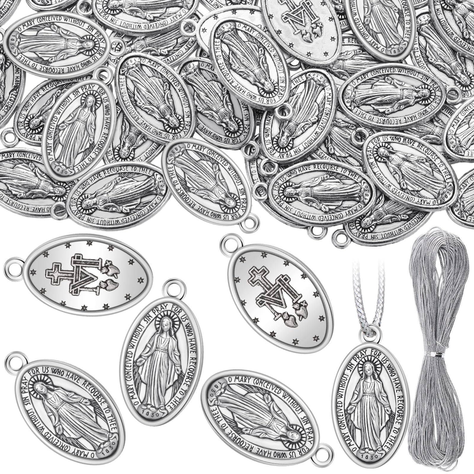 Ferreve 48 Pcs Virgin Mary Silver Pendant Necklaces for Men Women