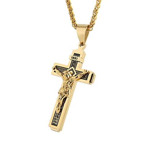 HZMAN Gold Tone Stainless Steel Crucifix Pendant Necklace