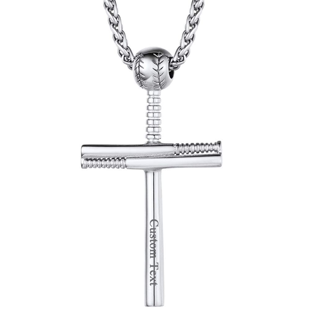 PROSTEEL Personalized Baseball Fan Necklace, Stainless Steel Bat Cross/ Dogtag, Engrave Available, Box Included