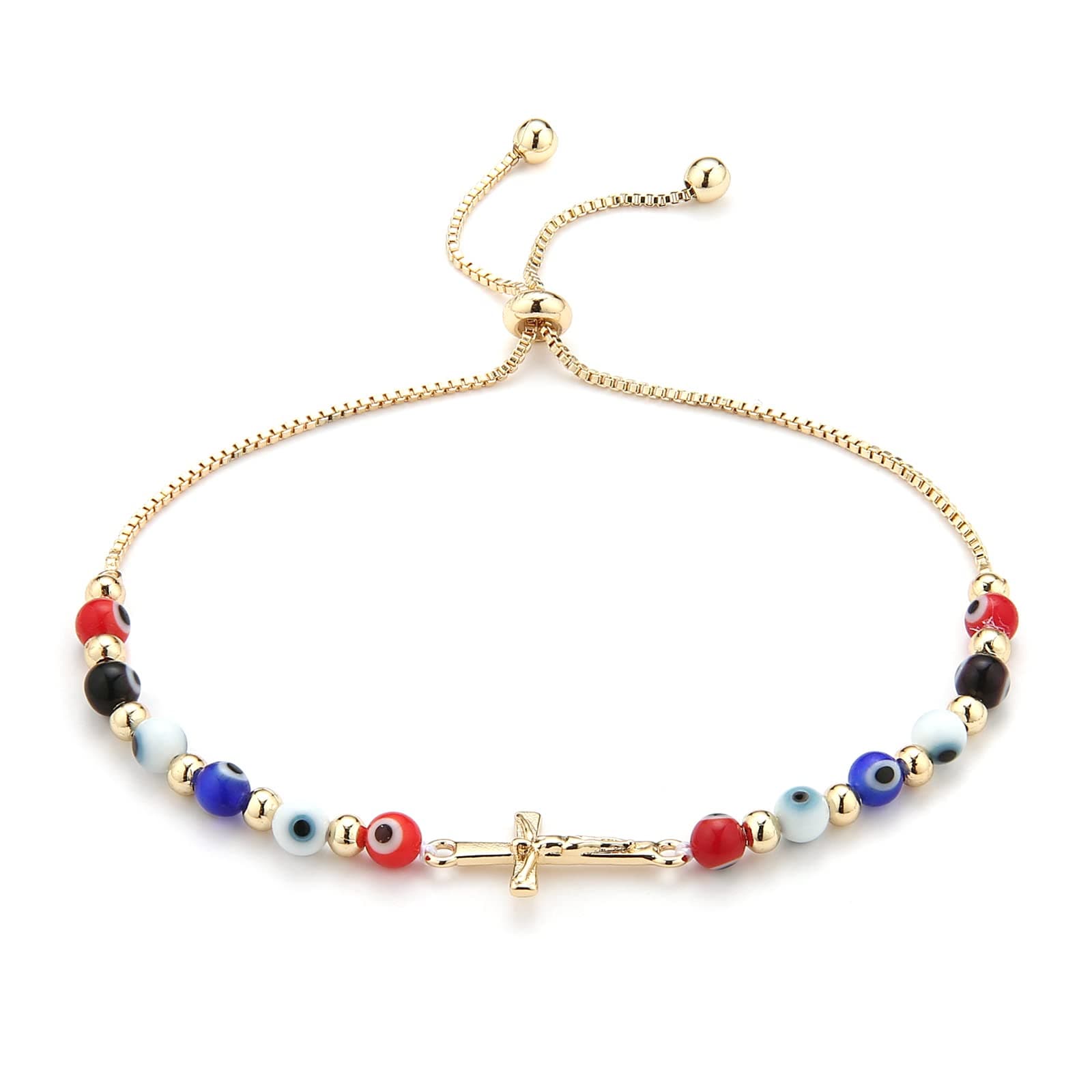 Evil Eye Bracelet with Jesus Crucifix Cross, 14K Gold Plated Stretch Bracelet