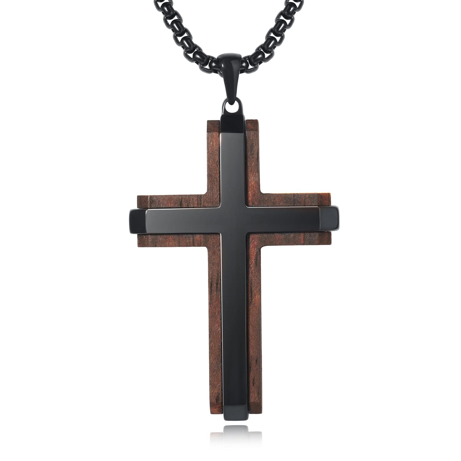 Ropartman Men's Real Ebony Cross Necklace Black Stainless Steel Pendant 24" Chain