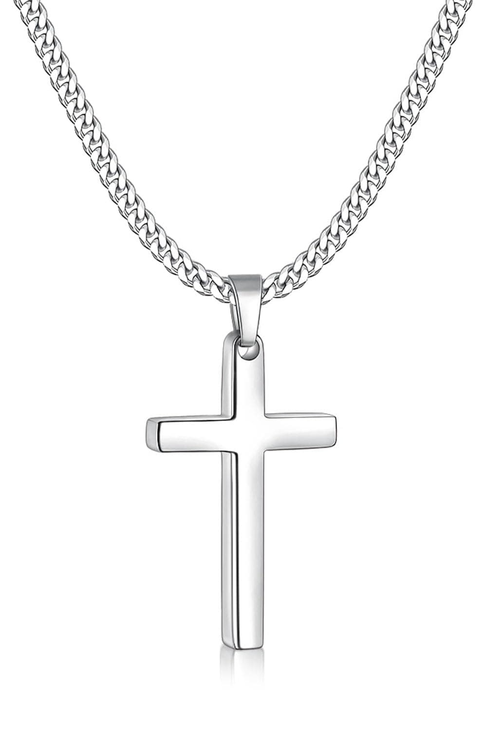 Fiusem Men's Silver Tone Cross Necklace, 3.5mm Chain, Stainless Steel Pendant, 16-24 Inches