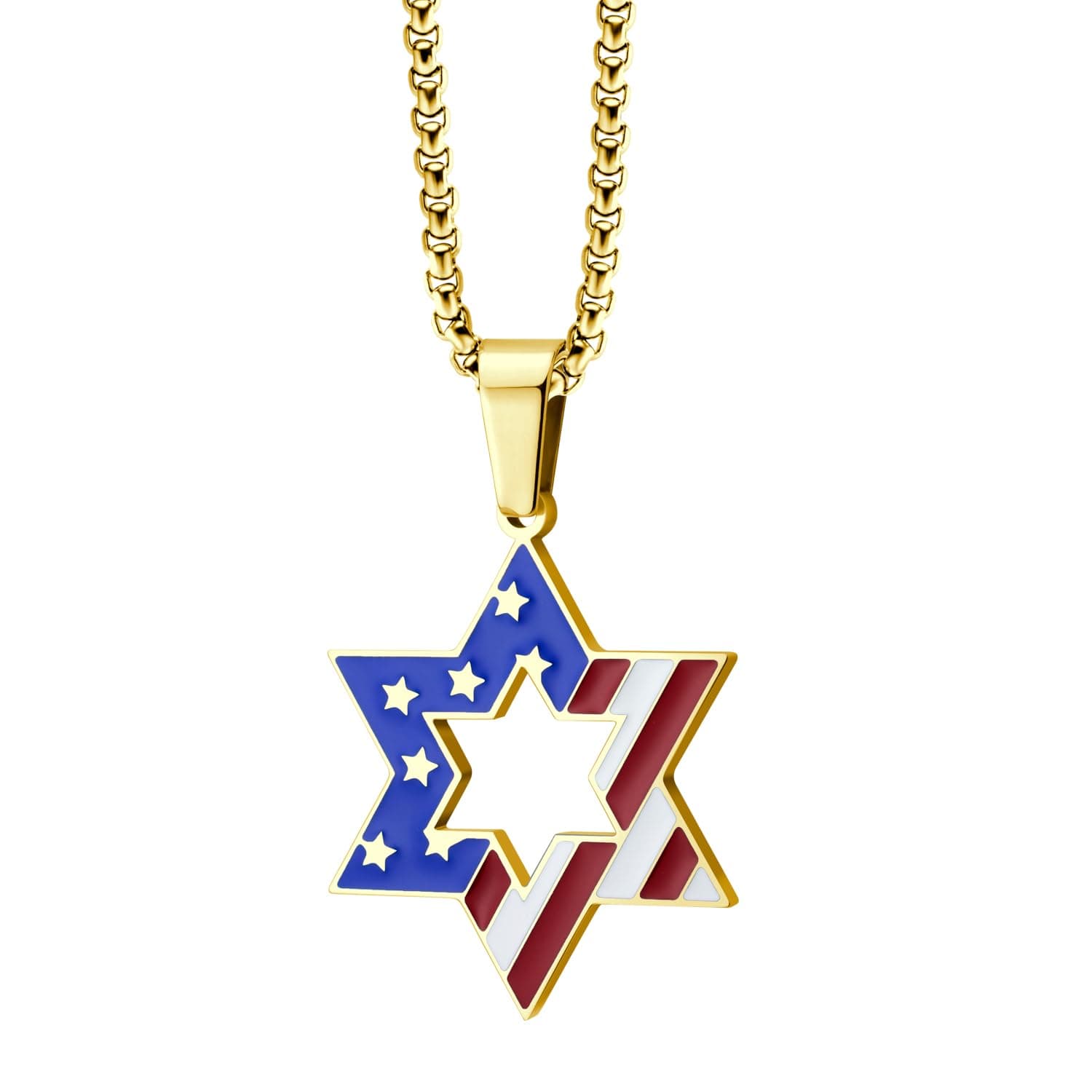 Stainless Steel Star of David & US Flag Necklace, 16-24" Chain