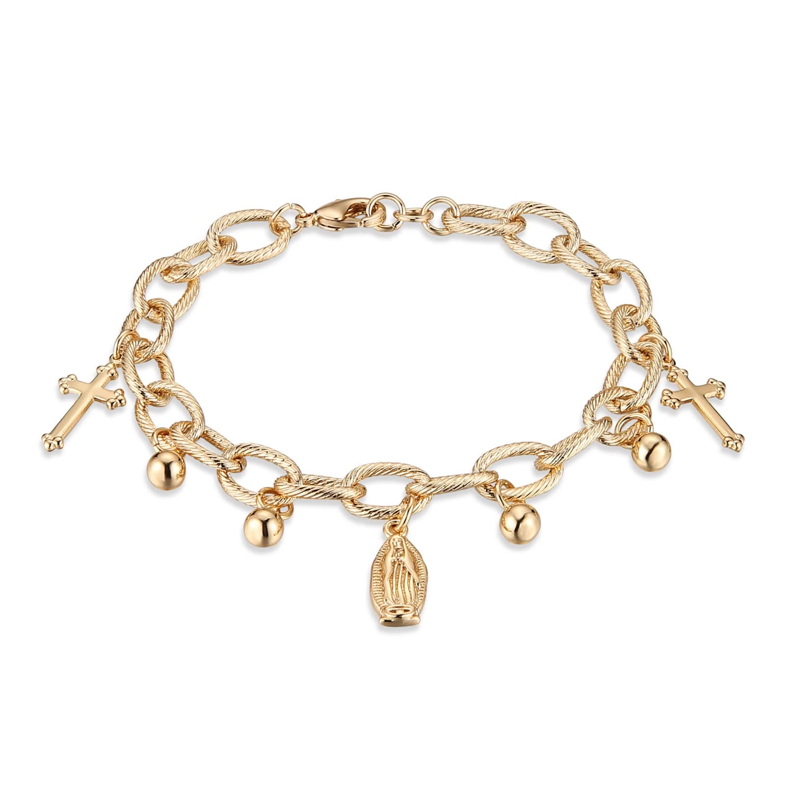 Dainty gold plated cable chain bracelet with rosary bead cross and Virgin Mary link - perfect gift for women and girls