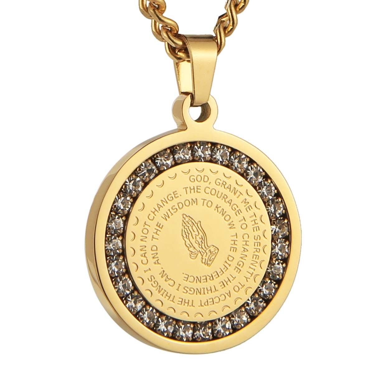 Christian Prayer Necklace: Gold Stainless Steel Praying Hands Pendant