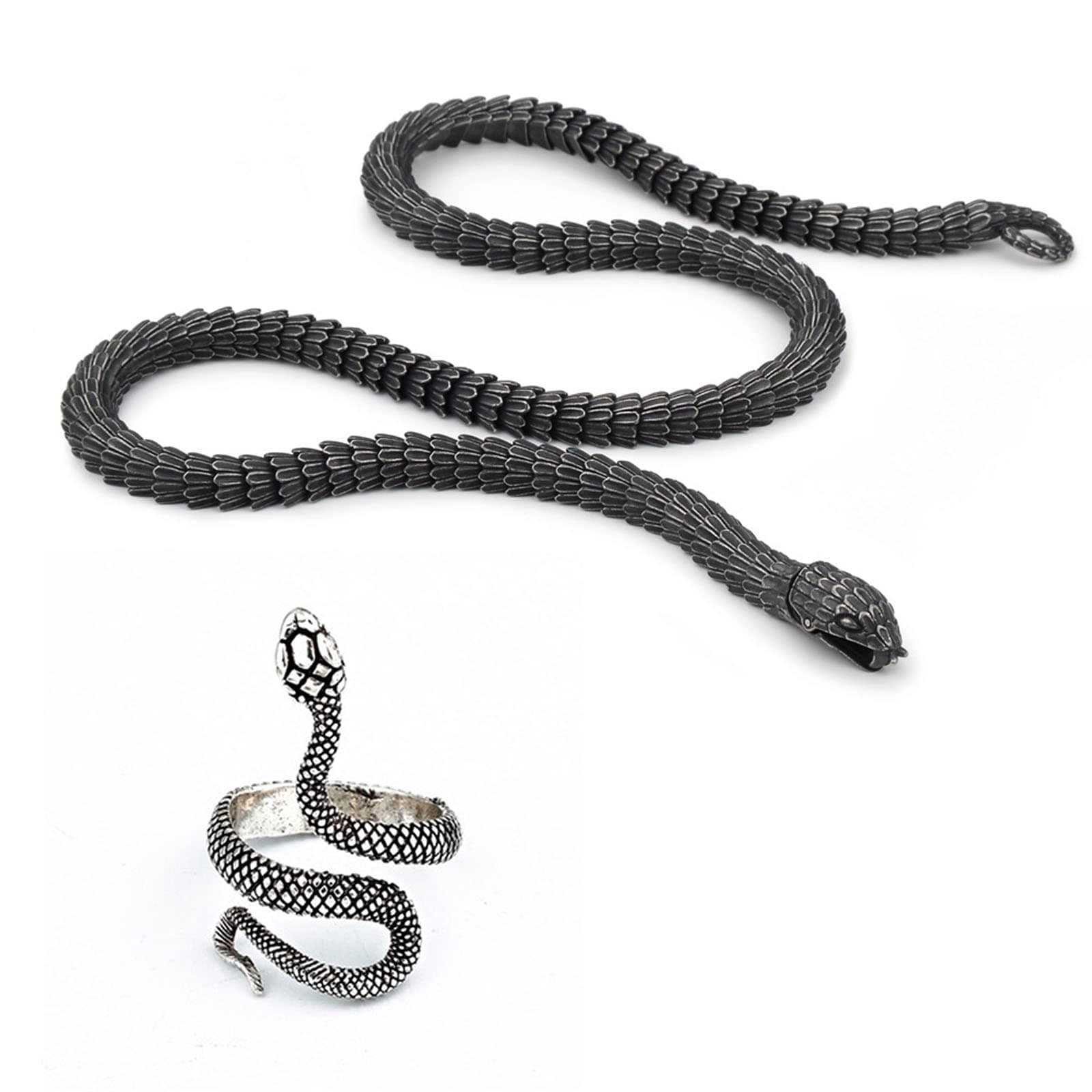 Mens Vintage Jormungandr Snake Necklace - Stainless Steel Amulet with Ring