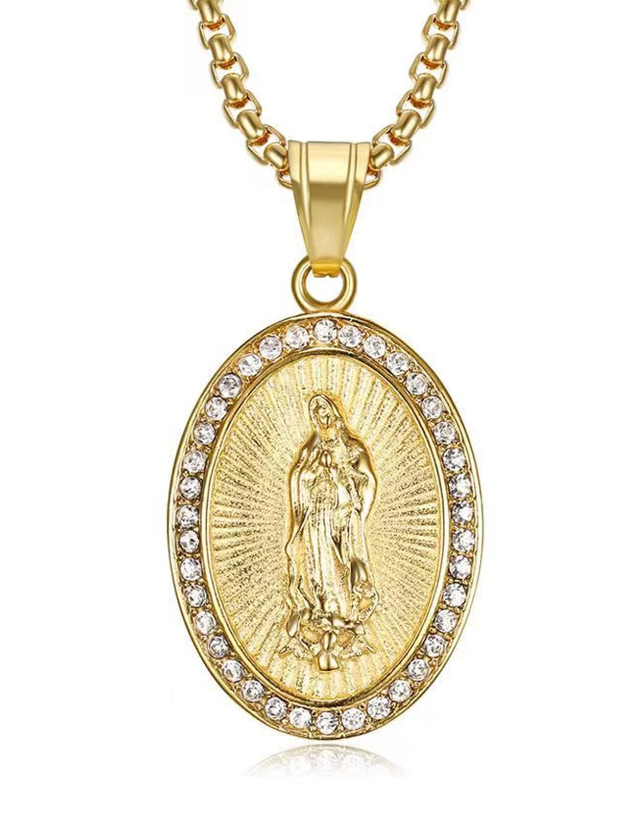 Gold Plated Virgin Mary Necklace 24in Chain for Men & Women