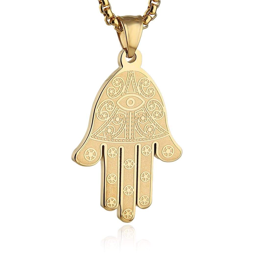 HZMAN Khamsah Stainless Steel Egyptian Eye Pendant Necklace for Success and Protection