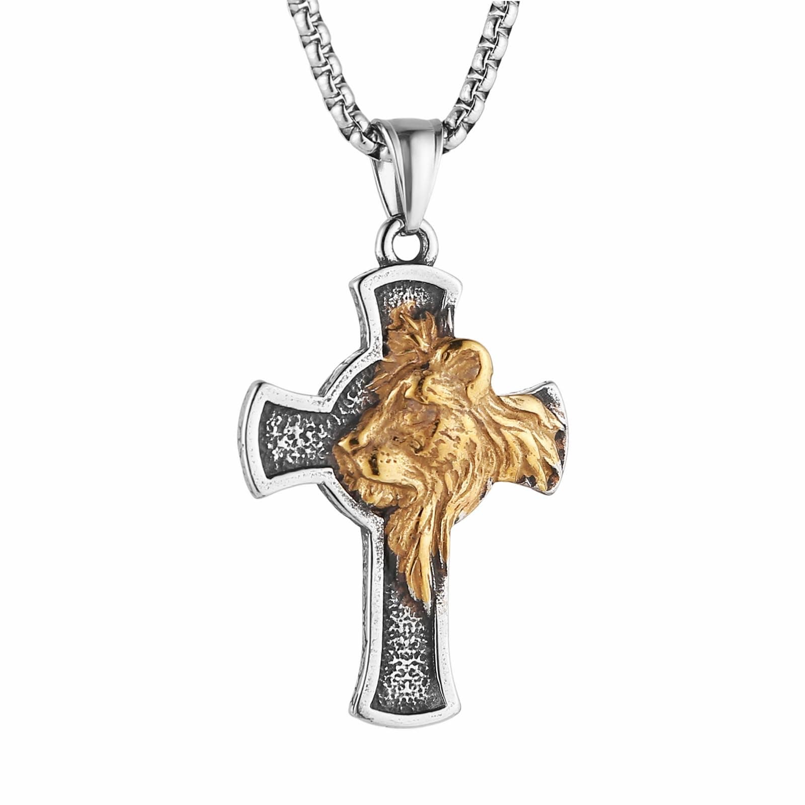 HZMAN Men's Gothic Lion Head Stainless Steel Cross Necklace with 24in Chain