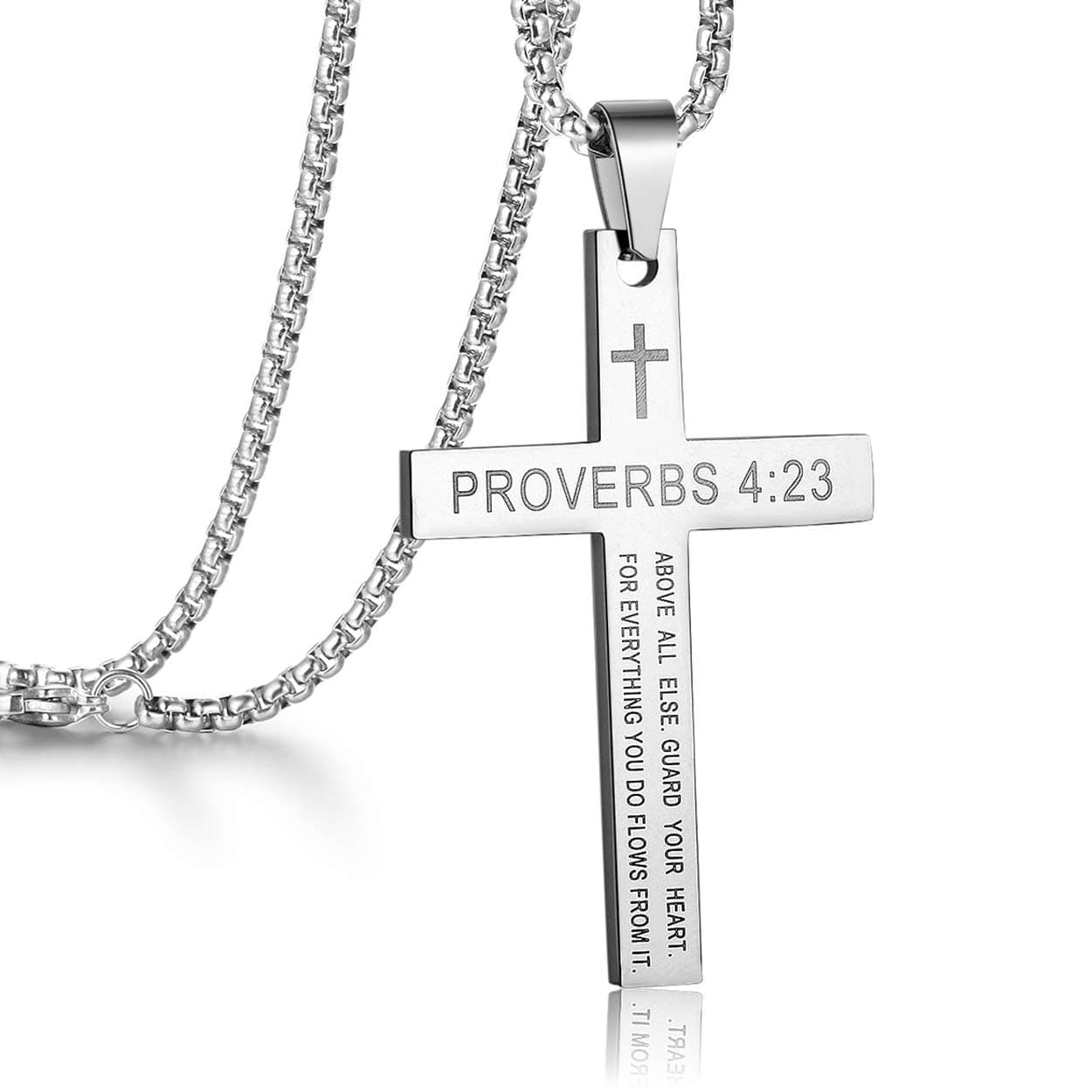 Stainless Steel Proverbs 4:23 Cross Pendant Necklace Black Gold Silver Chain