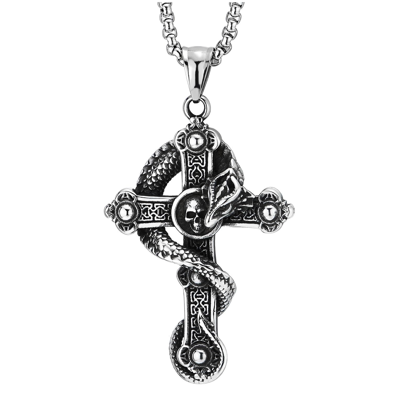 COOLSTEELANDBEYOND Gothic Snake Skull Cross Pendant Necklace