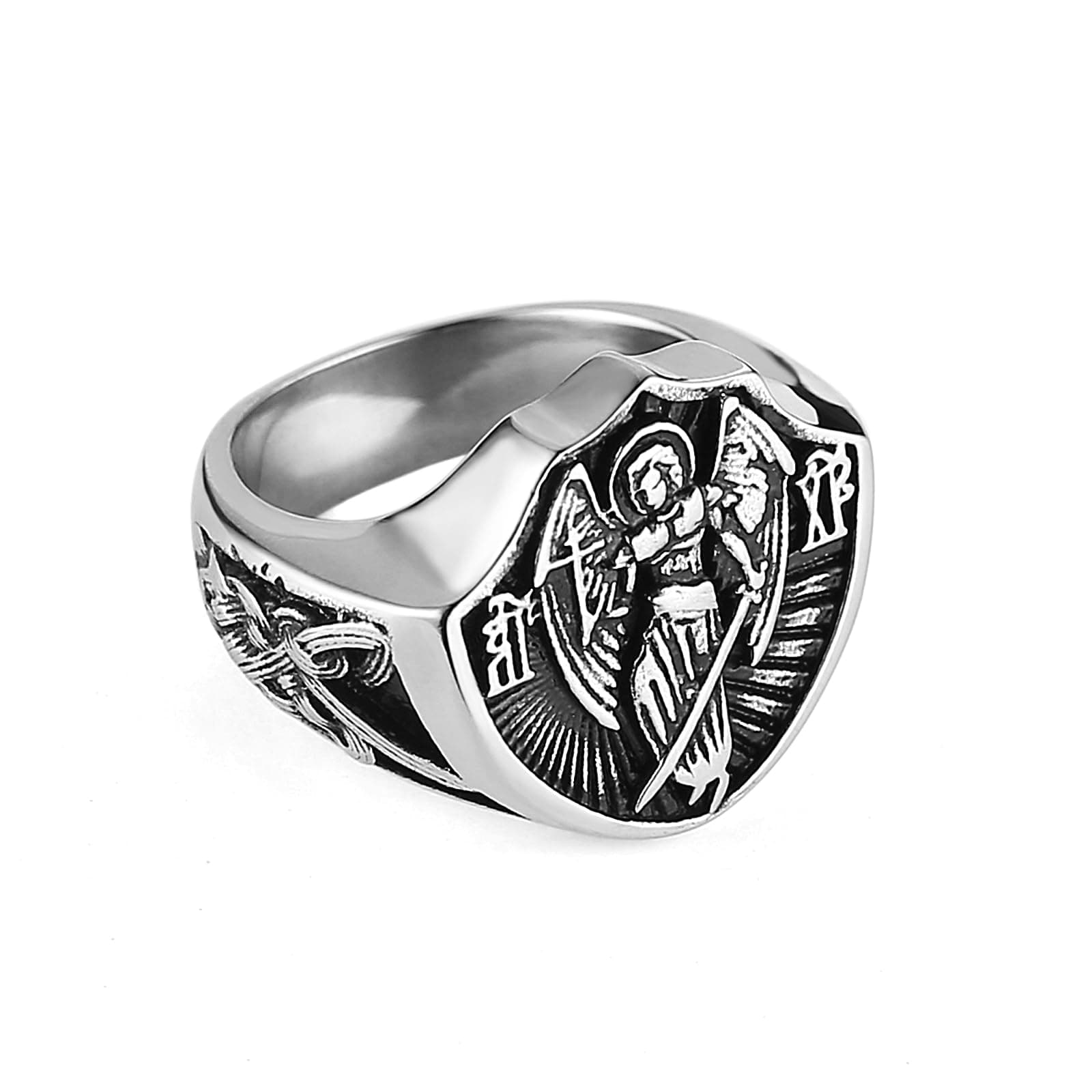 HZMAN Archangel Ring for Men: Stainless Steel Saint Michael Medal Statement Jewelry Gift