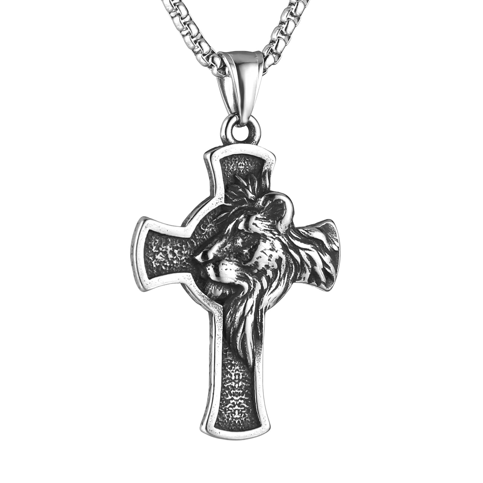 Stainless Steel Cross Necklace for Men Women with Lion Head Pendant and Chain