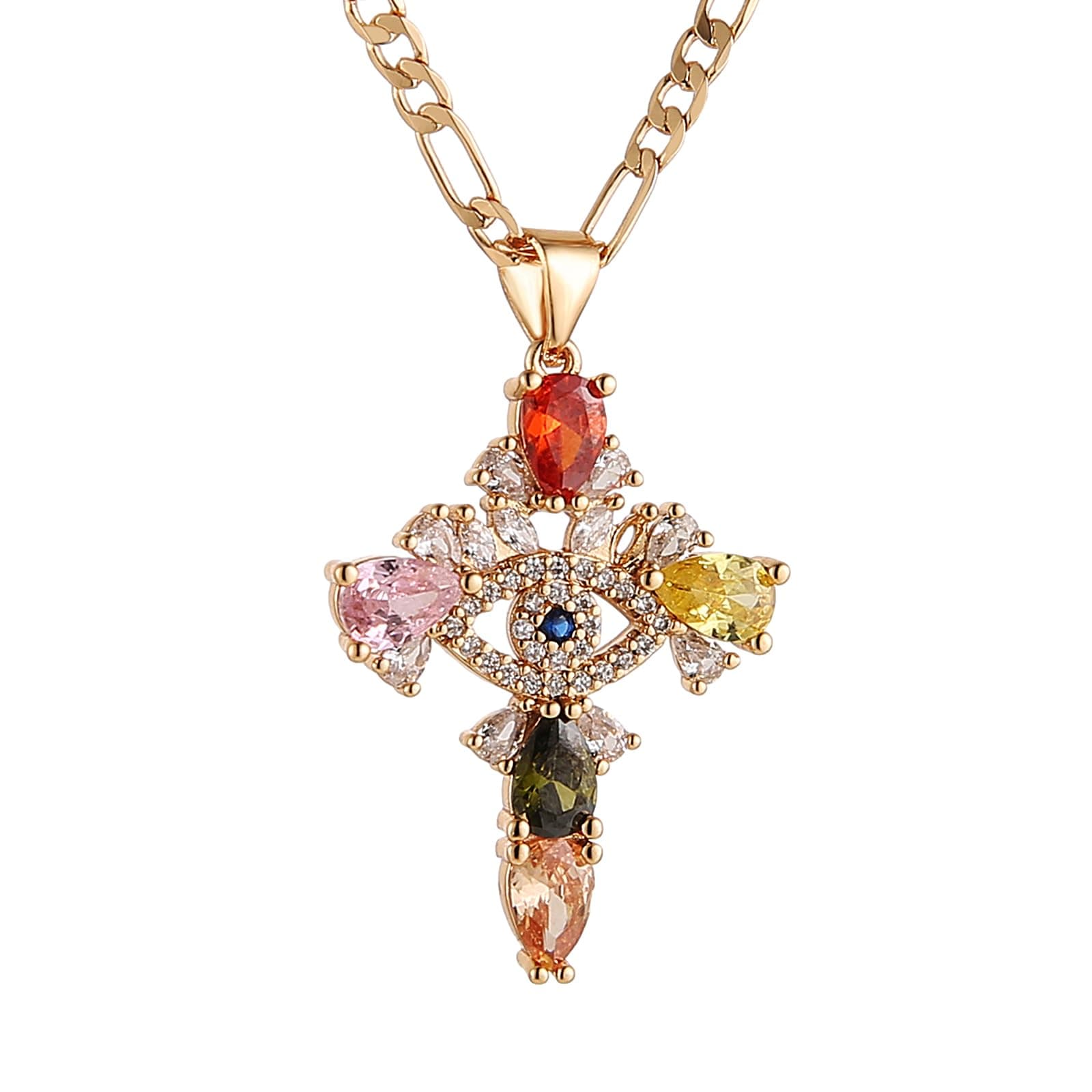 Crystal Cross Necklace for Women - Rose Gold Plated Evil Eye Pendant