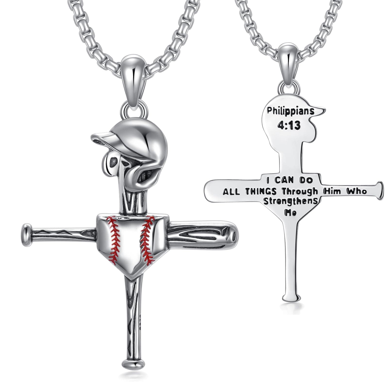 925 Sterling Silver Baseball Cross Necklace with Philippians 4:13 Engraving for Men and Women