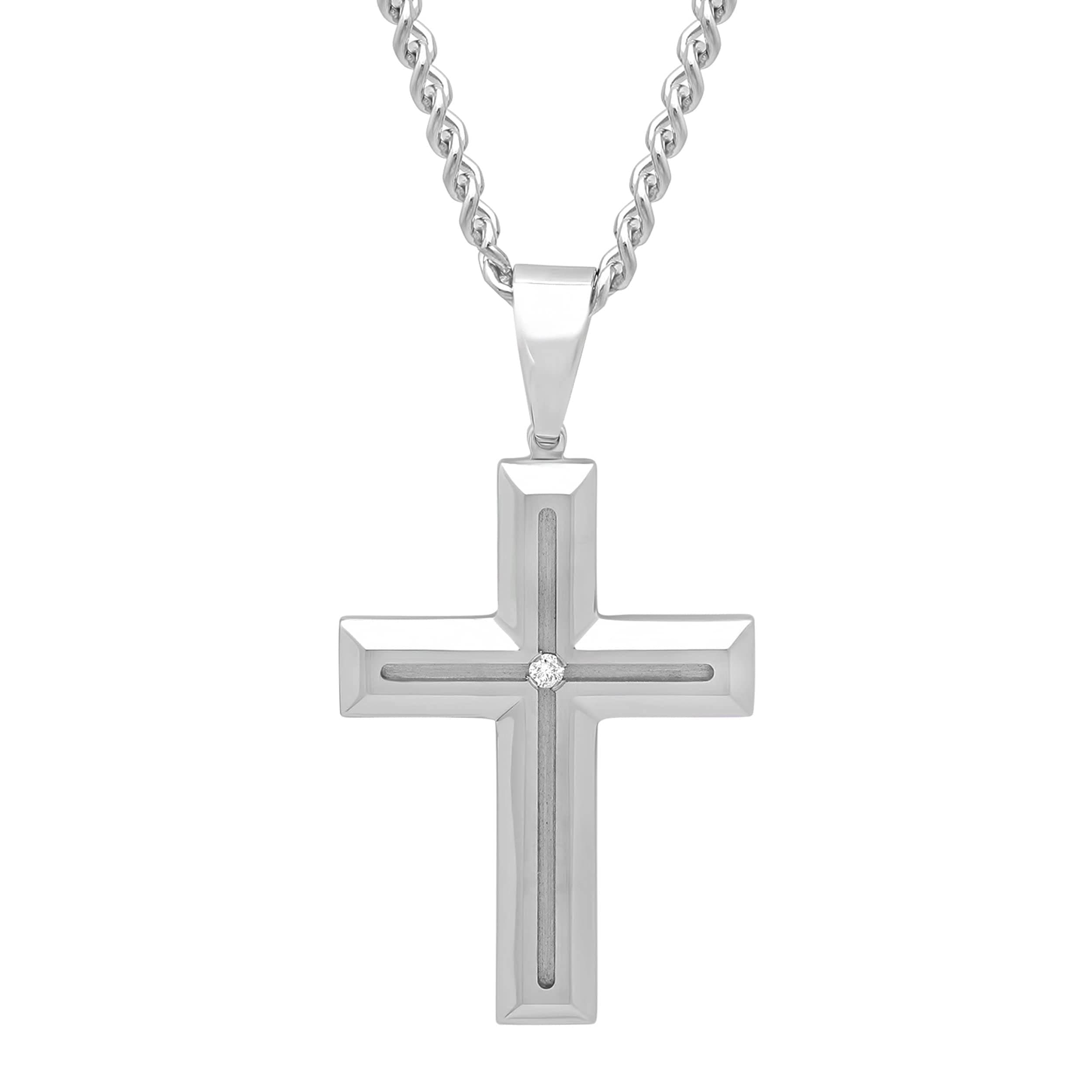Steel Nation Jewelry Cross Diamond Necklace for Men, 24 Inch Chain