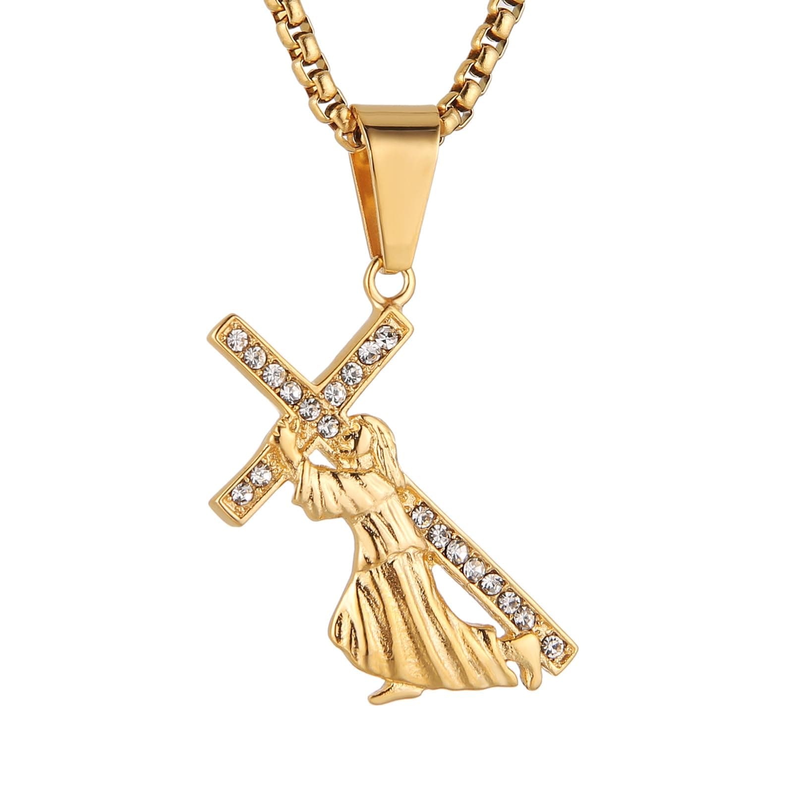 HZMAN Men's Gold Stainless Steel Crucifix Necklace with Jesus Pendant