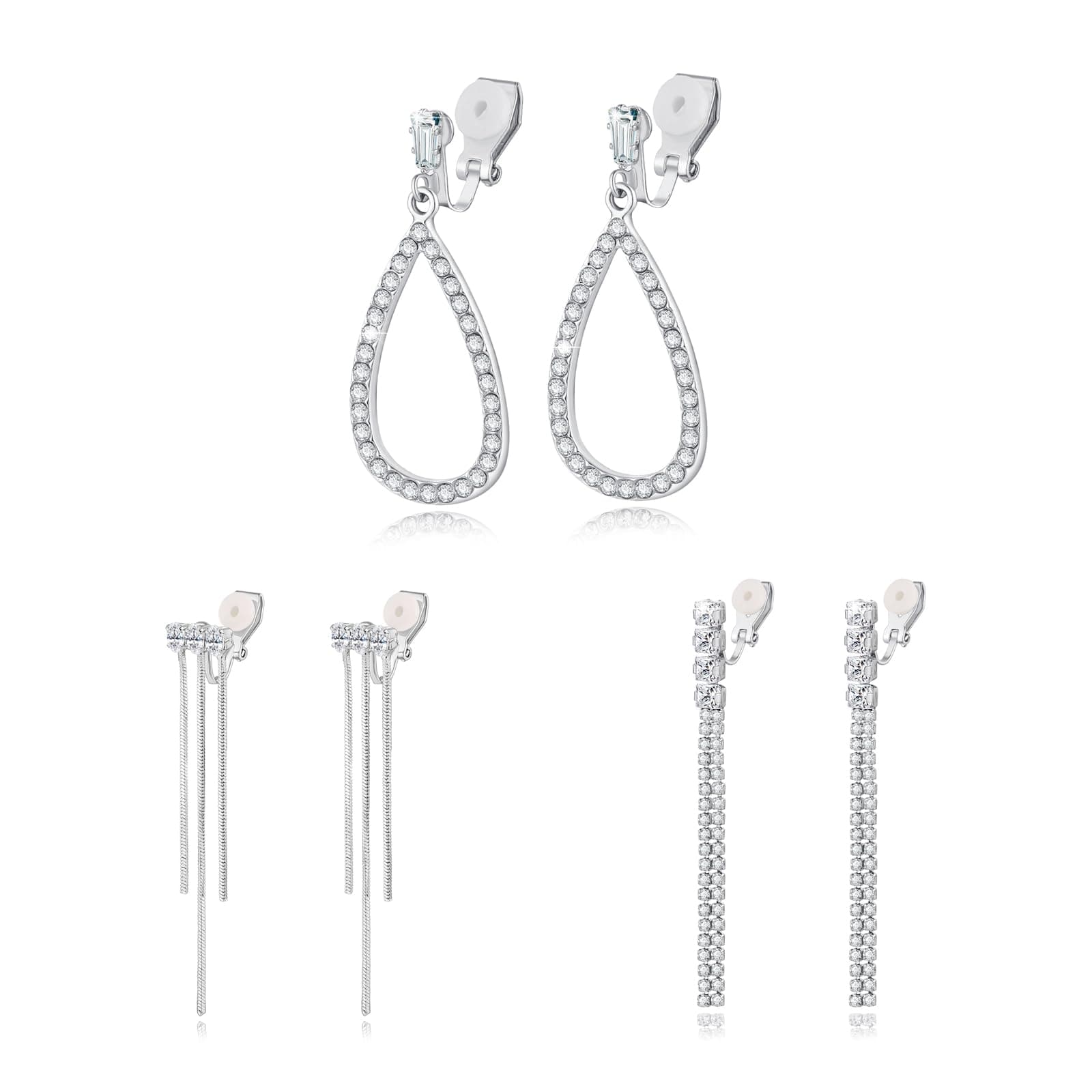 3 Pairs Clip-on Earrings for Women and Girls: Silver Tassel/Teardrop Crystal CZ Dangle Earrings