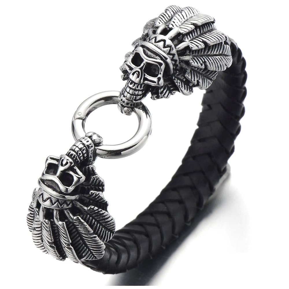 COOLSTEELANDBEYOND Mens Genuine Braided Leather Skull Bracelet