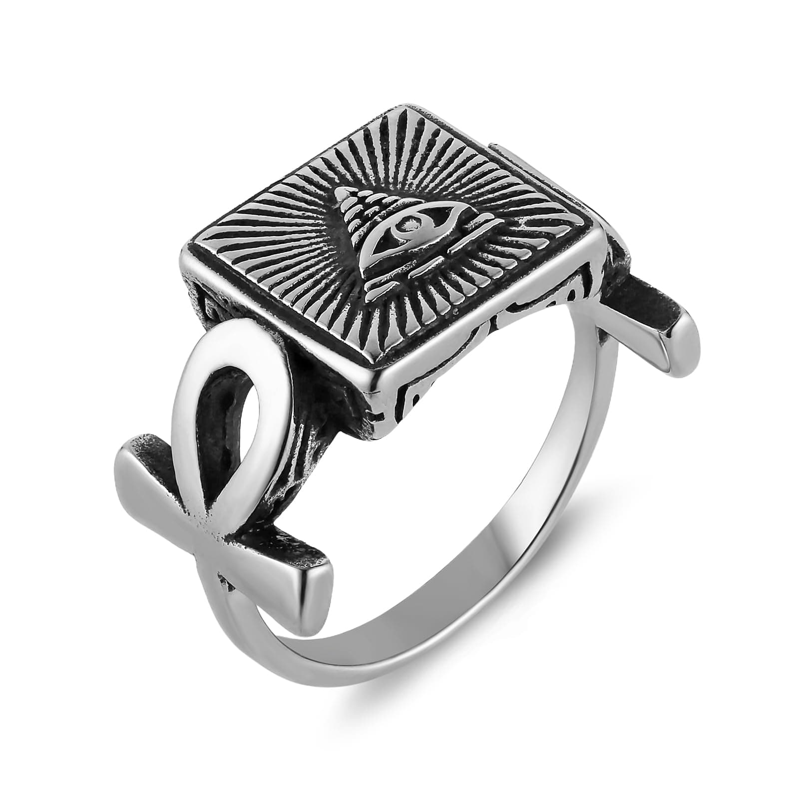 HZMAN Men's Stainless Steel Retro Coptic Ankh Eye of Providence Ring Jewelry Gift