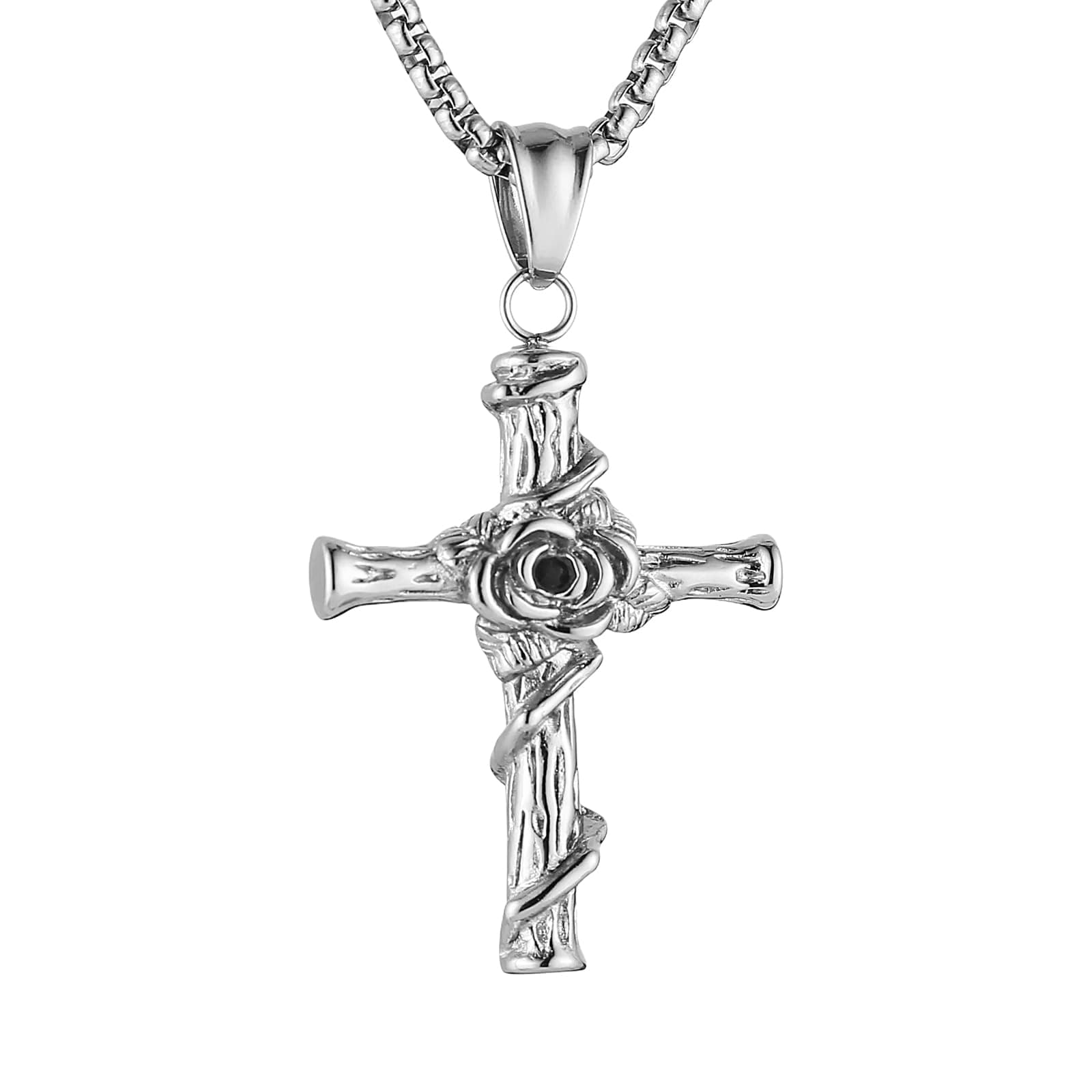 HZMAN Stainless Steel Rose Cross Necklace - Gothic Pendant Birthday Gift