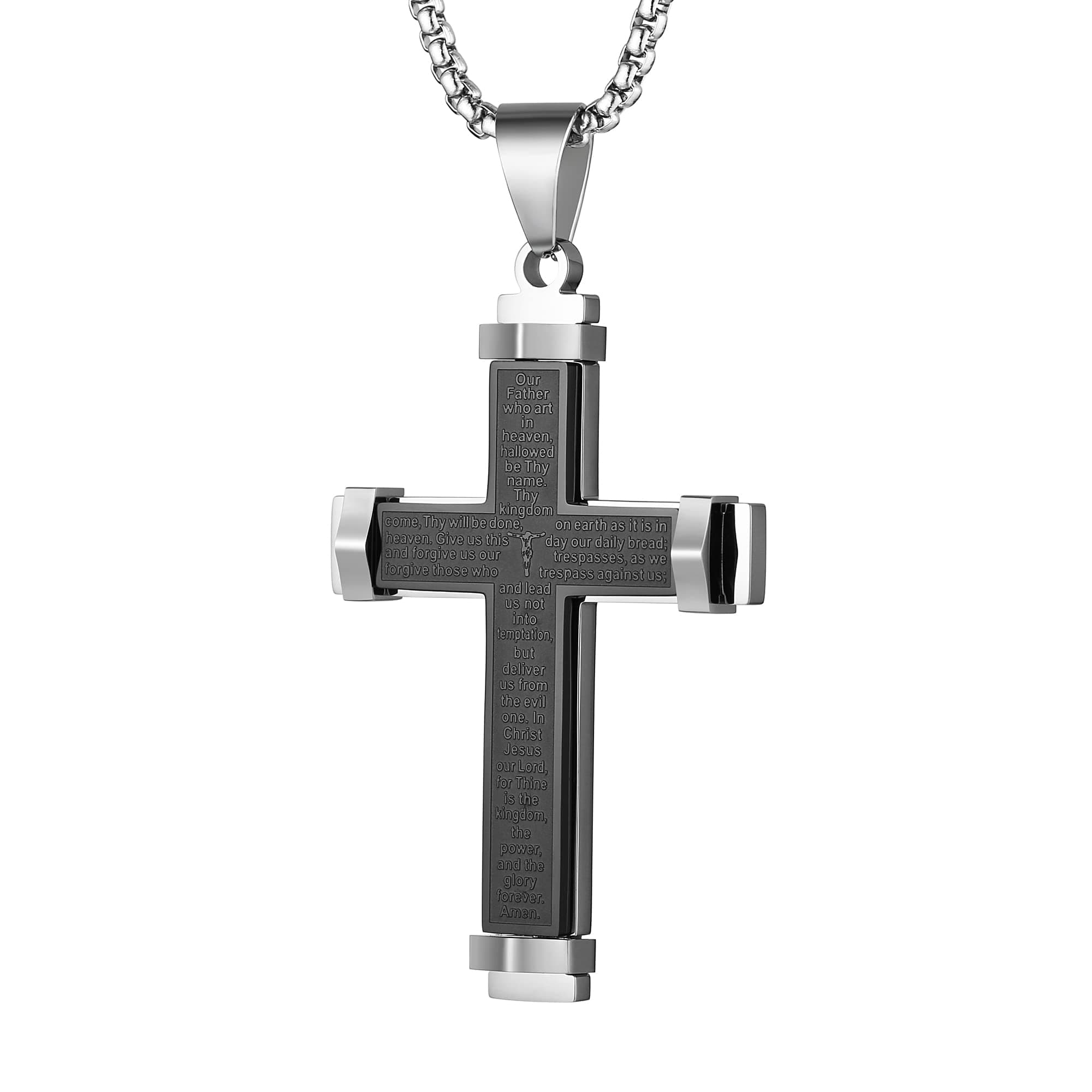 Cross Necklace Pendant Lord's Prayer Stainless Steel Men's Large