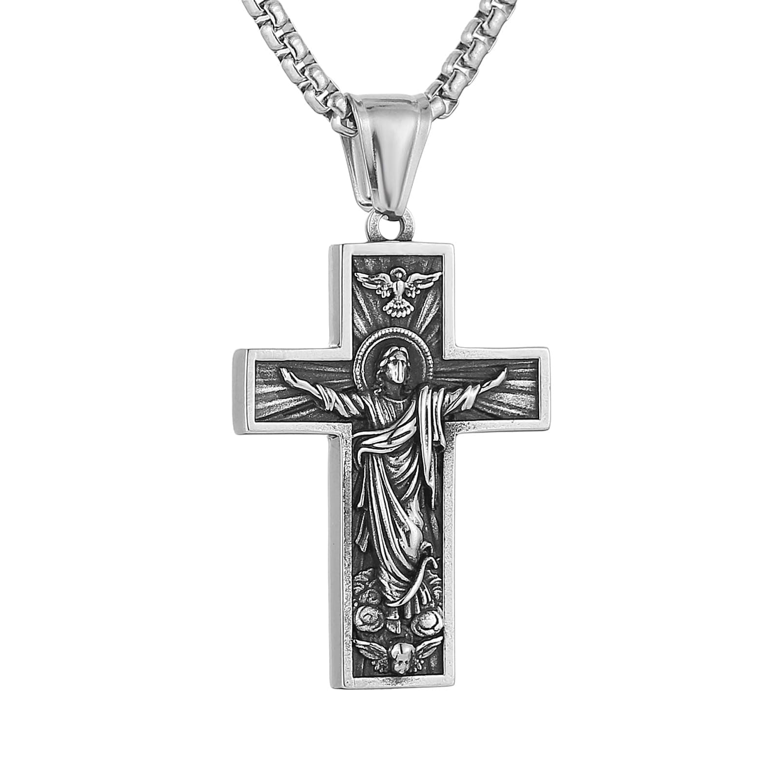 HZMAN Stainless Steel Retro Jesus Cross Necklace - Christian Faith Jewelry Gift