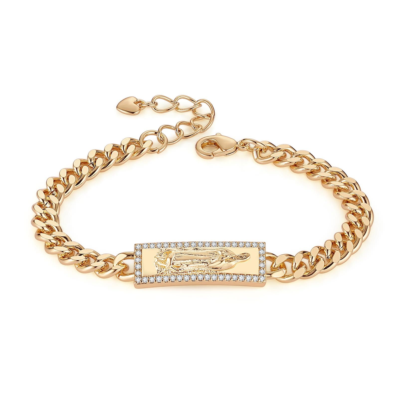 Virgin Mary Bracelet for Women with Cubic Zirconia Gold Plated Link Jewelry