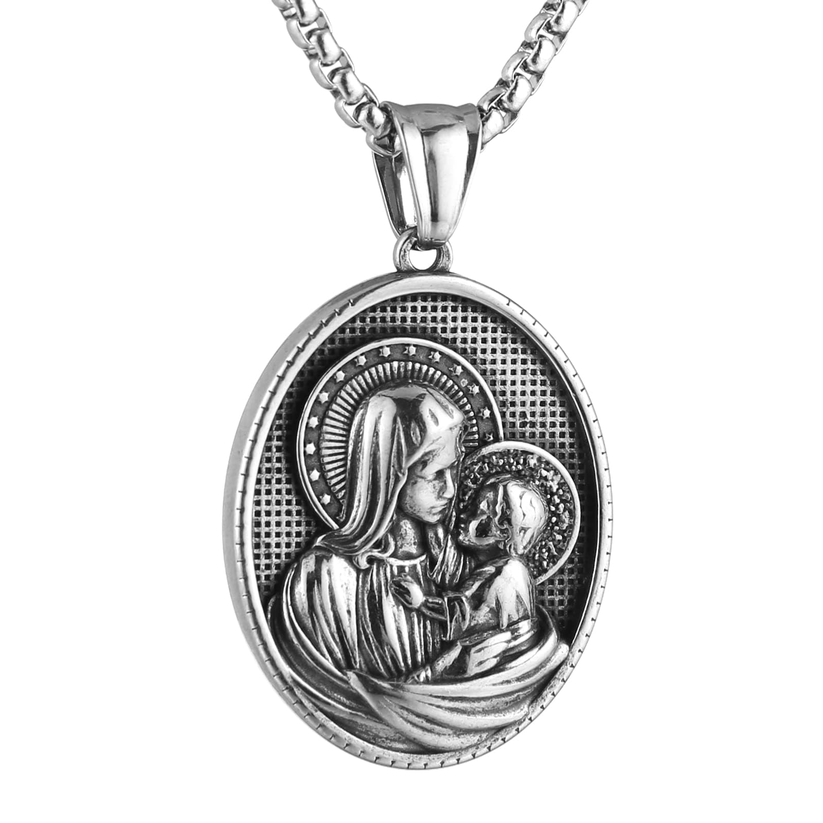 Religious Stainless Steel Virgin Mary and Jesus Necklace for Men and Women