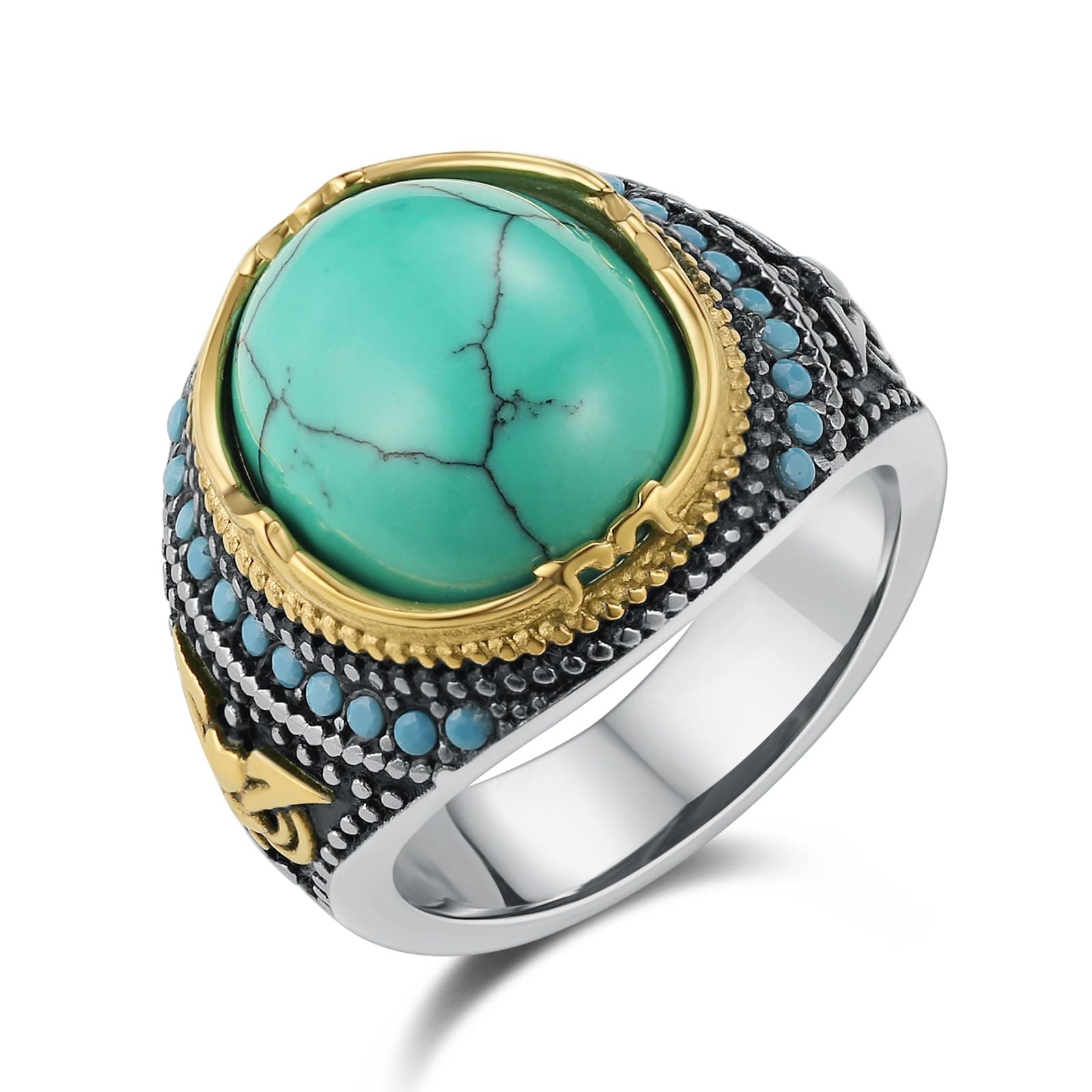 HZMAN Large Tiger Eye & Turquoise Gothic Wedding Ring Size 7-14