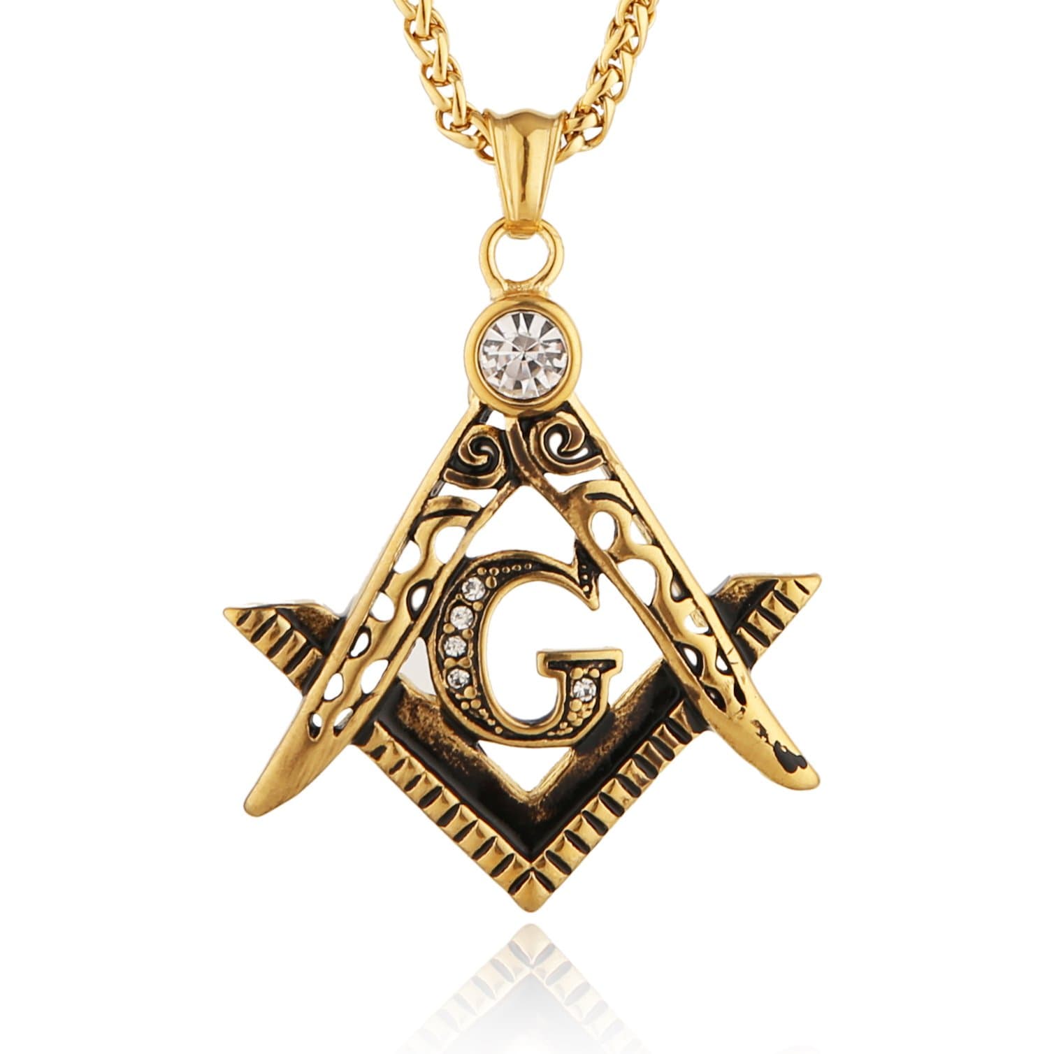 HZMAN Freemason Symbol Stainless Steel Pendant Necklace with Cubic Zirconia