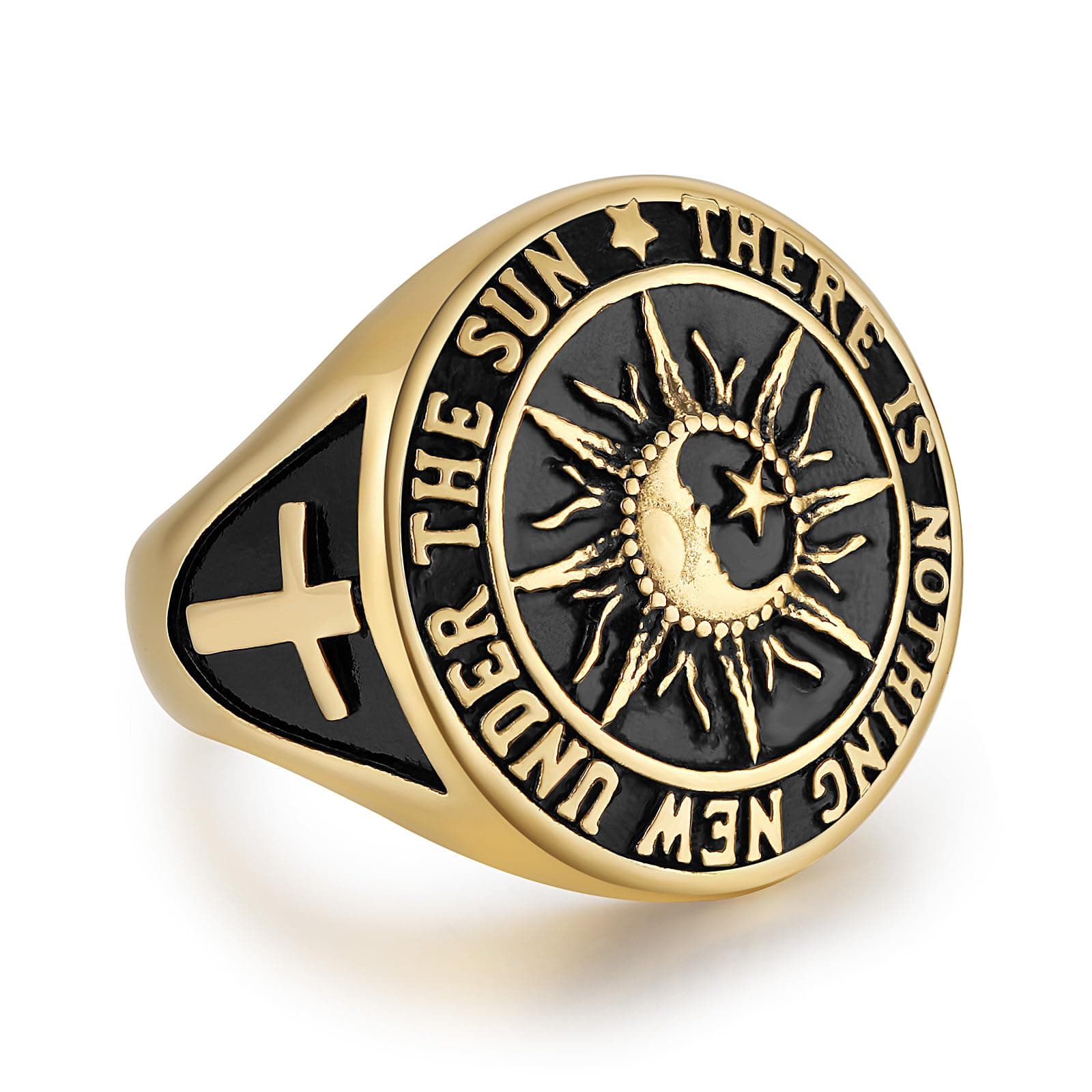 HZMAN Men's Stainless Steel Sun Moon Ring with Biblical Verse Cross Christian Jewelry