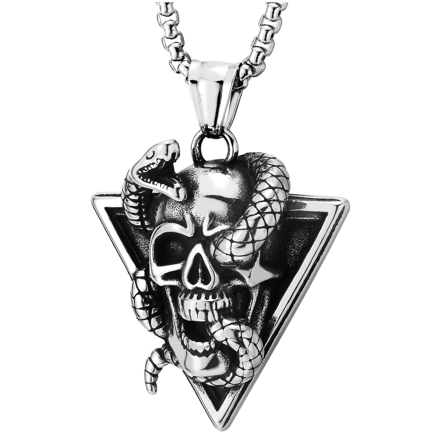 COOLSTEELANDBEYOND Punk Rock Triangle Snake Skull Pendant Necklace, 30 inches