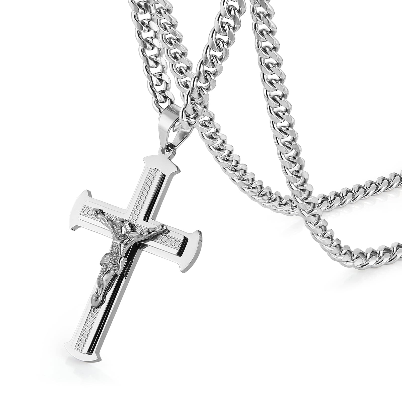 HZMAN Men's Stainless Steel Large Crucifix Necklace Christian Jewelry with 24Inch Cuban Chain
