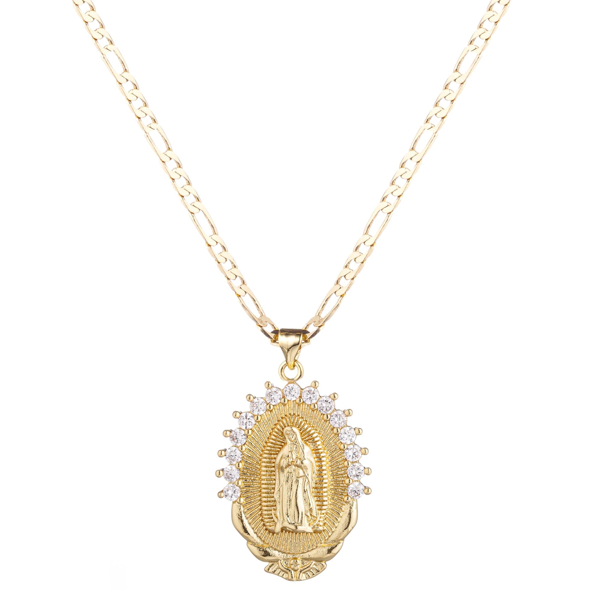 Kelistom 18K Gold Plated Virgin Mary Necklace, Oval Zircon Pendant & Figaro Chain