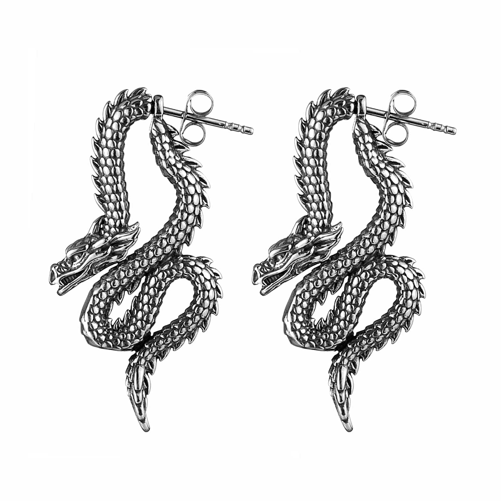 HZMAN Retro Dragon Earrings Stainless Steel Gothic Punk Dragon Head Stud Earring Party Jewelry Gift for Men Women