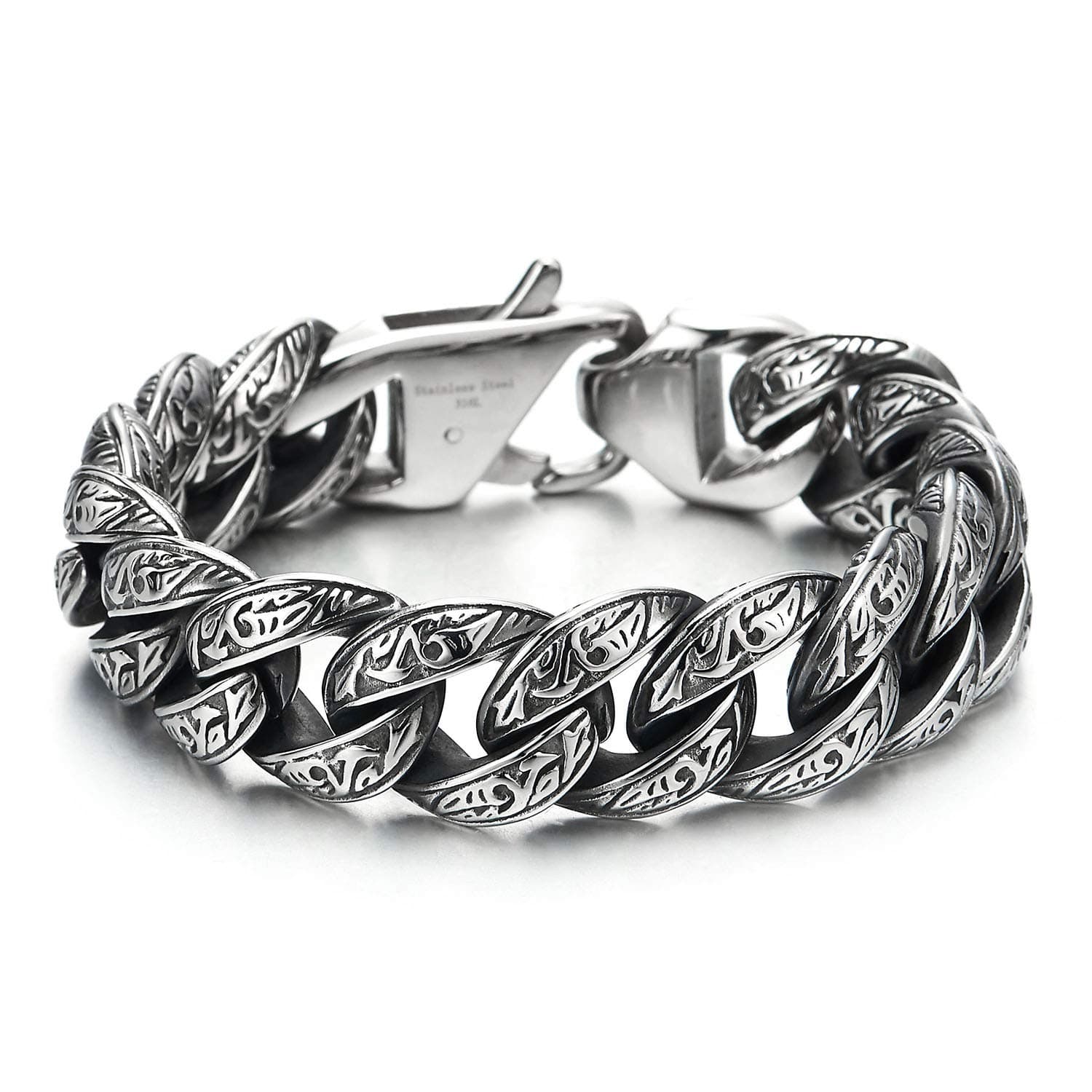 Vintage Stainless Steel Men's Curb Chain Bracelet with Tribal Tattoo Pattern