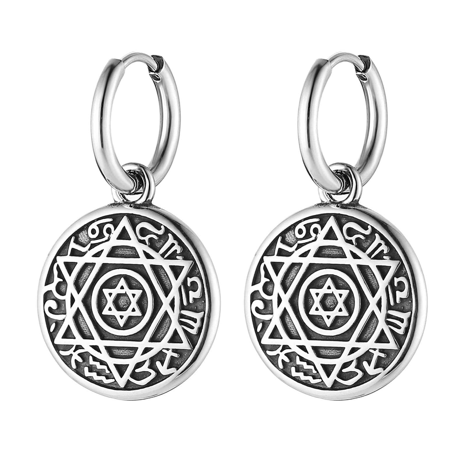HZMAN Soloman Seal Dangle Earring for Men Round Stainless Steel Hinged Hoop Jewelry Gift